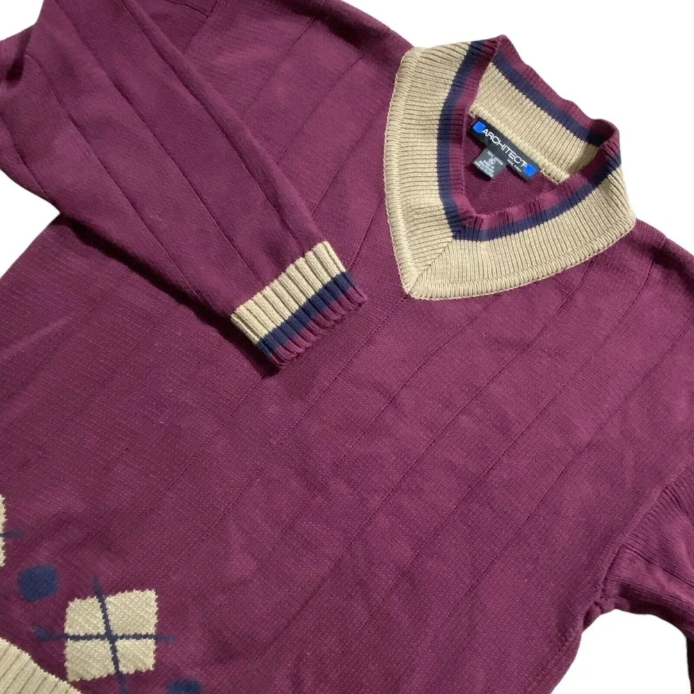 VTG Men's Burgundy Grampcore‎ Jumper V Neck Sweater Banner Tennis Rare! Y2K 90s